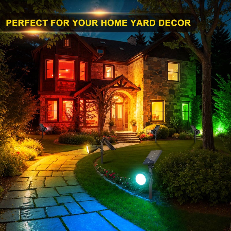 ROSHWEY Solar Spot Lights Outdoor, 7 Colors Halloween Christmas Outdoor Lights Waterproof Landscape Light 600LM Solar Spotlight Lighting for House Backyard Pool Patio Garden Decor- 2 Pack - Image 2